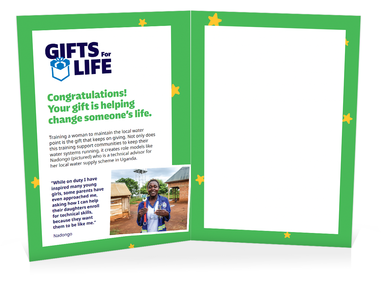 You can help train a woman to manage a water supply (Christmas)