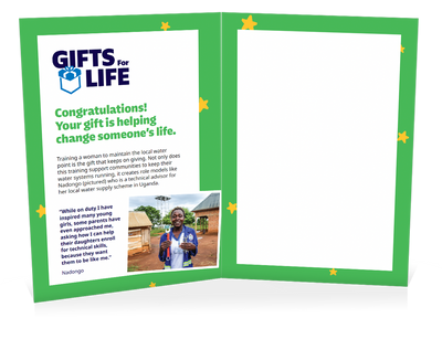 You can help train a woman to manage a water supply (Christmas)